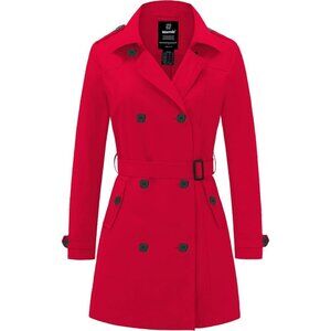 Women's Red Waterproof Trench Coat with Classic Lapel and Belted Design
